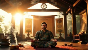 Panduan lengkap puasa weton: khasiat, makna, dan bacaan niat 2 Ilustrasi seorang pria jawa menjalani puasa weton dengan meditasi di pendopo tradisional.