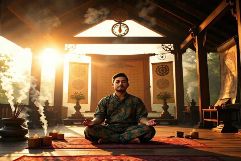 Ilustrasi Seorang pria Jawa menjalani puasa weton dengan meditasi di pendopo tradisional.