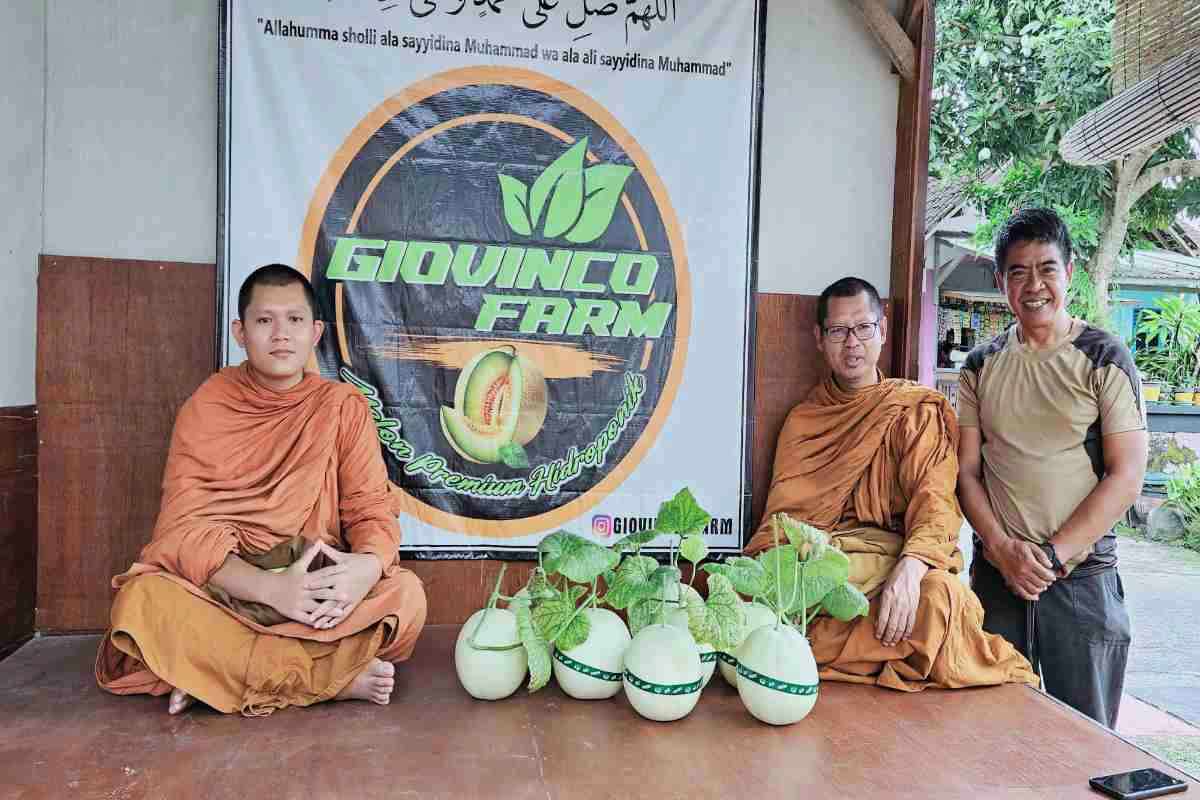 Sekretaris DPC PDI Perjuangan Kota Blitar, Bayu Setyo Kuncoro, menerima kunjungan sejumlah biksu di kebun hidroponik Giovinco Farm miliknya di Kelurahan Gedog, Kecamatan Sananwetan, Kota Blitar.
