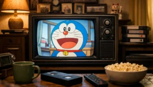 Ilustrasi tayangan Doraemon di televisi rumah, yang selama puluhan tahun identik dengan hiburan Minggu pagi pemirsa Indonesia.