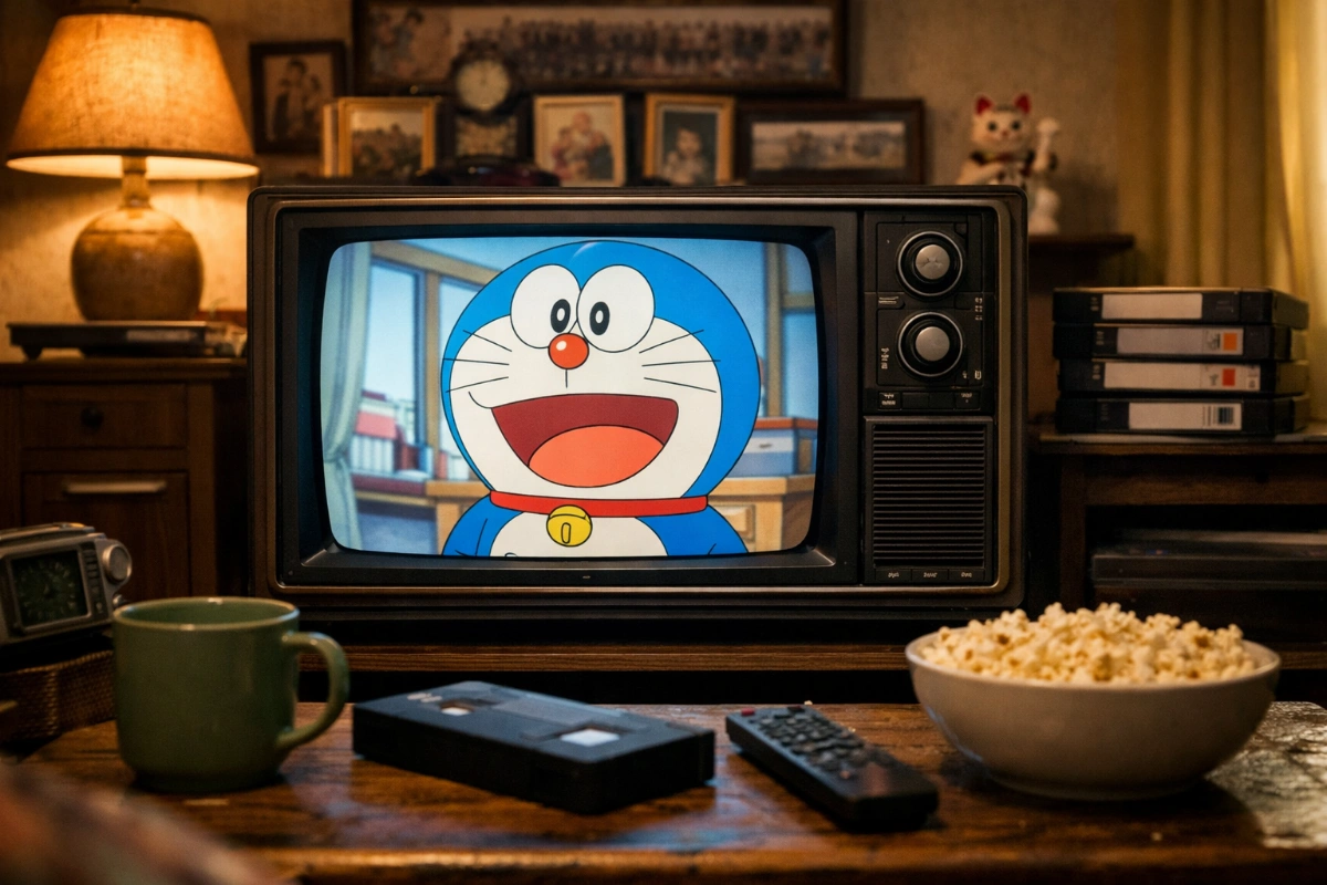 Ilustrasi tayangan Doraemon di televisi rumah, yang selama puluhan tahun identik dengan hiburan Minggu pagi pemirsa Indonesia.