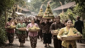 Ilustrasi tradisi Lawadan warga membawa jenang, nasi tumpeng, hasil bumi, dan bunga setaman sebagai simbol penghormatan dalam rangka upacara adat