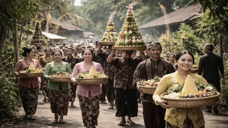 Ilustrasi tradisi Lawadan warga membawa jenang, nasi tumpeng, hasil bumi, dan bunga setaman sebagai simbol penghormatan dalam rangka upacara adat