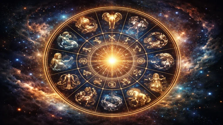 Ilustrasi dua belas zodiak yang melambangkan perjalanan Matahari di sepanjang ekliptika