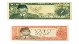 Replika Uang kertas Indonesia emisi lama, Rp1.000 (1964) dan Rp1 (1960)