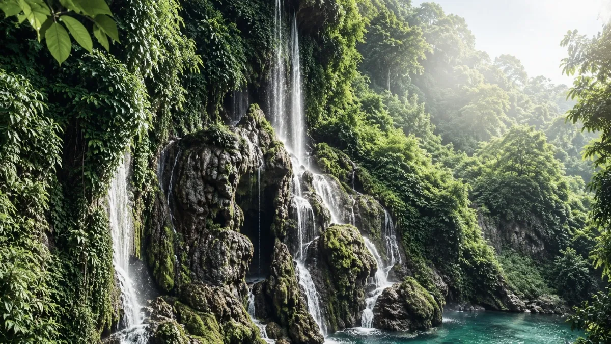 Panorama tebing hijau dan air terjun di kawasan Goa Tetes Lumajang yang terlihat eksotis.
