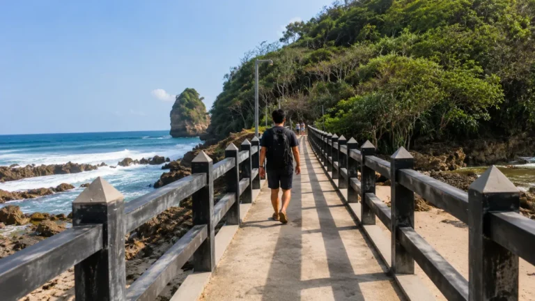 Suasana jembatan menuju Gunung Kombang di kawasan Pantai Ngliyep, Malang Selatan