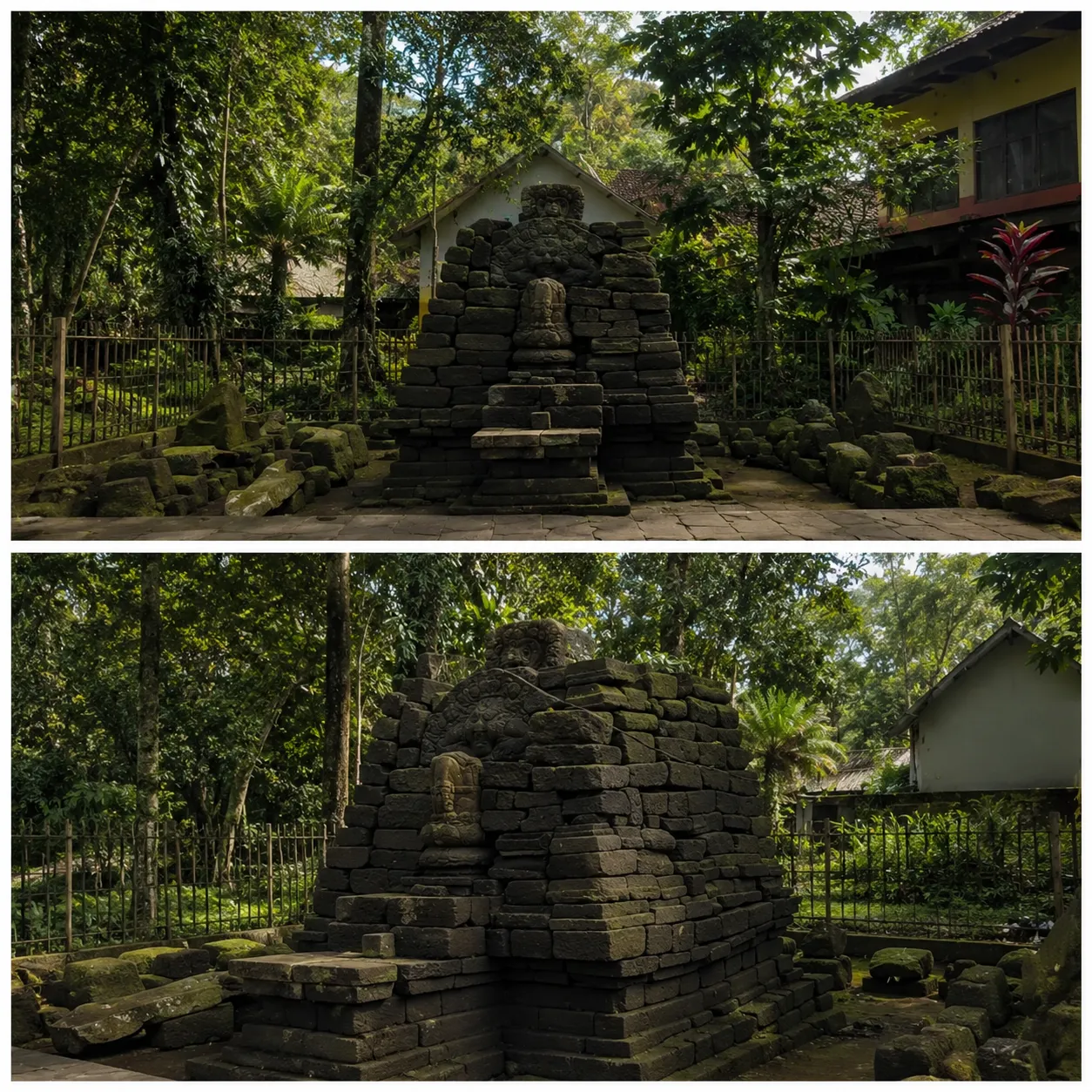Struktur candi kuno di Situs Rambut Monte, Blitar, yang diyakini sebagai peninggalan masa Hindu dan berada di tengah kawasan hutan yang asri.