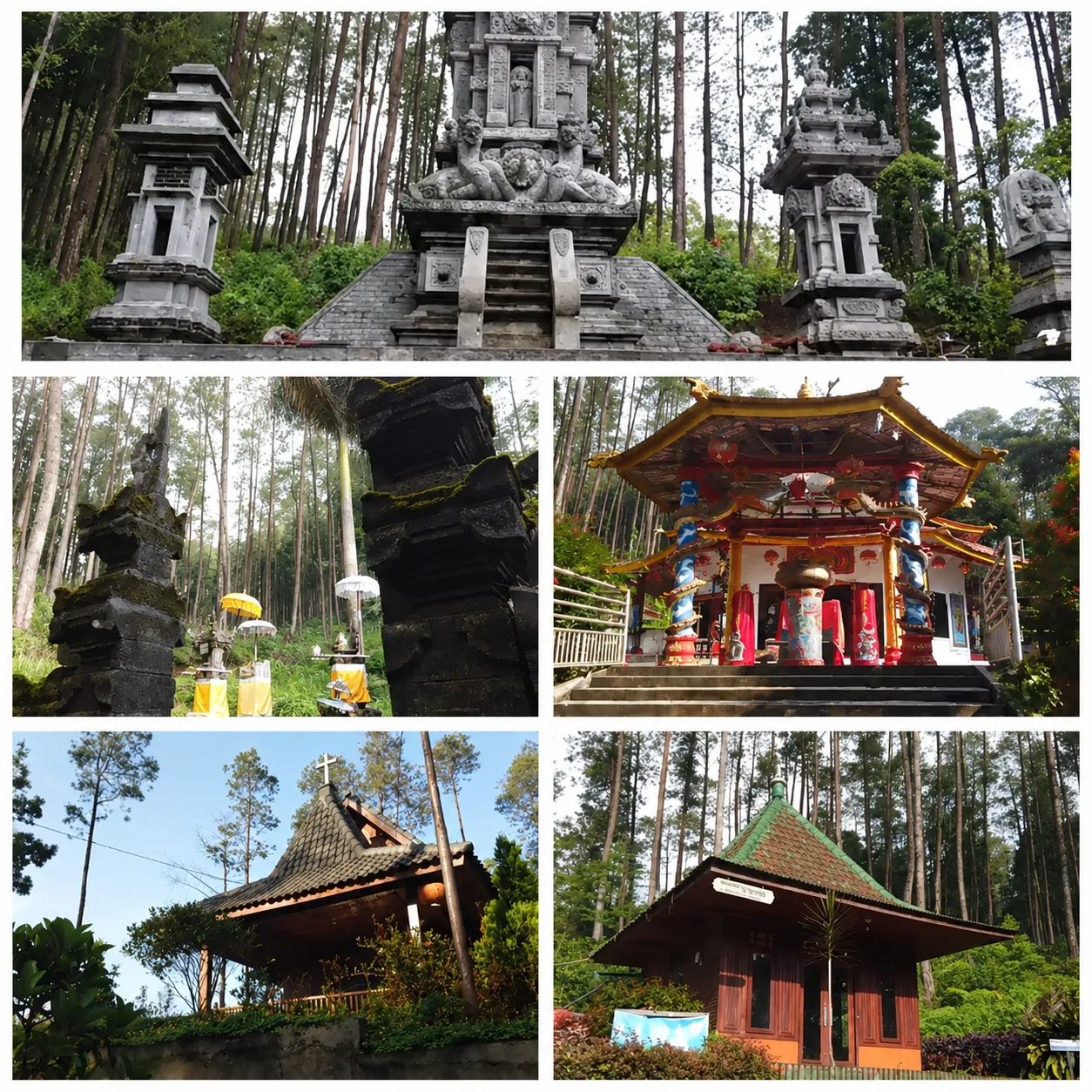 Deretan tempat ibadah berbagai agama berdiri berdampingan di kawasan Gunung Kawi, Kabupaten Malang, Jawa Timur.