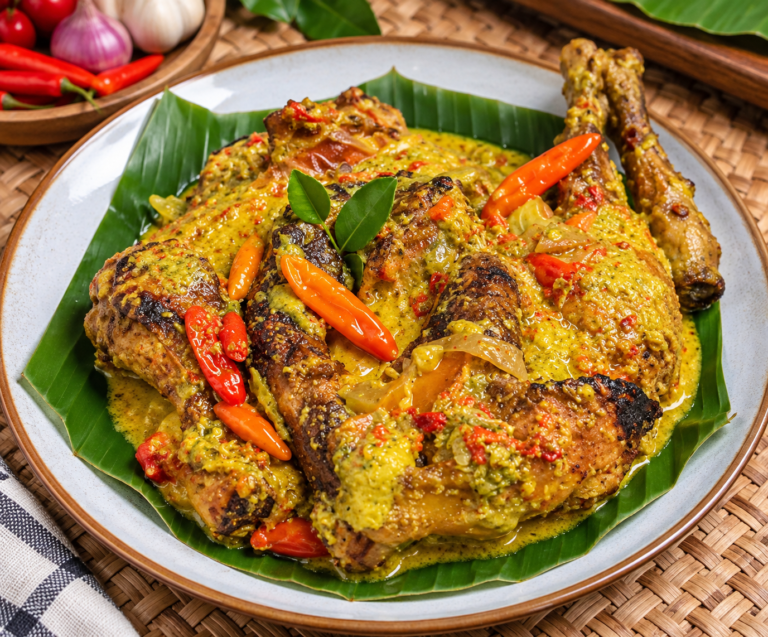 Ayam Lodho khas Tulungagung dengan bumbu santan pedas dan rempah, disajikan dengan aroma bakaran yang khas.