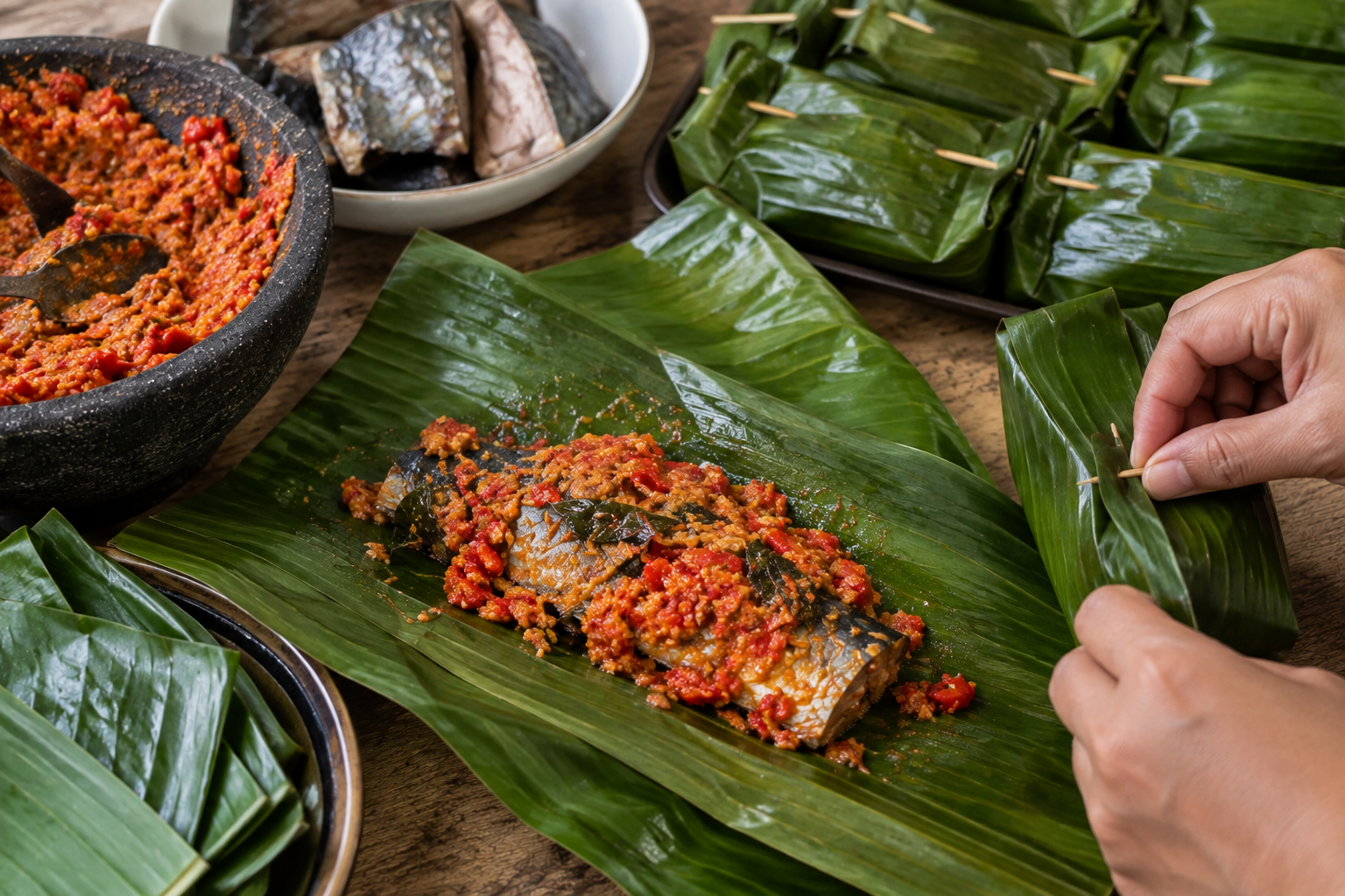 Proses memasukan ikan pindang tongkol kedalam bumbu dan dan pisang (foto istimewa)