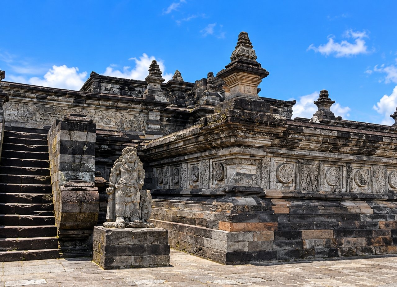 Detail bangunan dan relief batu di kompleks Candi Penataran, Kabupaten Blitar, Jawa Timur.