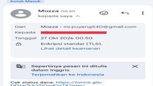 Tangkapan layar email bertajuk “Mutasi Dana 9.376.547” yang meminta penerima mengecek status dana melalui tautan Google Forms.
