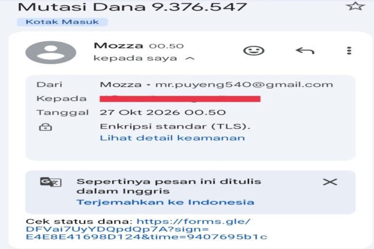 Tangkapan layar email bertajuk “Mutasi Dana 9.376.547” yang meminta penerima mengecek status dana melalui tautan Google Forms.