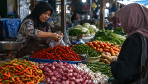 Ilustrasi aktivitas pedagang dan pembeli di pasar tradisional dengan aneka cabai, bawang, dan sayuran.