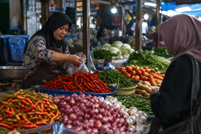 Ilustrasi aktivitas pedagang dan pembeli di pasar tradisional dengan aneka cabai, bawang, dan sayuran.