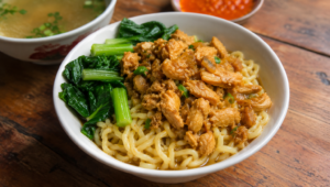 Ilustrasi mie ayam sederhana dengan topping ayam berbumbu dan sayuran hijau.