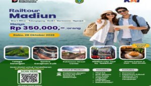 KAI Daop 7 Madiun membuka Open Trip Rail Tour Madiun pada 28 Oktober 2026 dengan tarif Rp350.000 per orang, mencakup tiket kereta api PP, pemandu wisata, transportasi lanjutan, dan tiket masuk objek wisata.