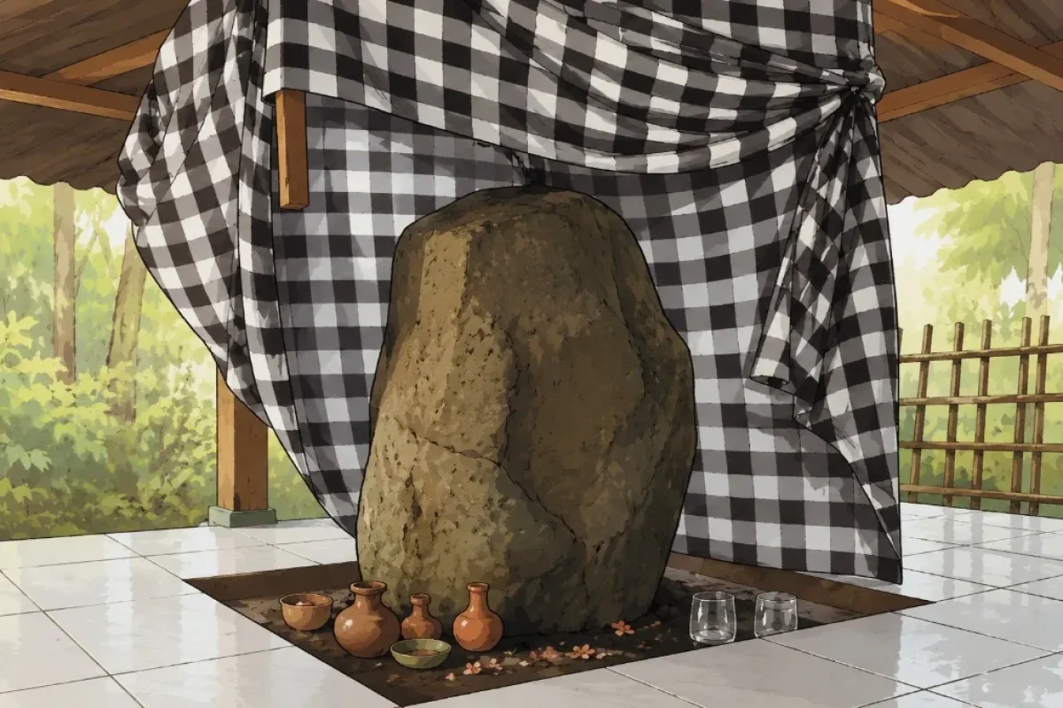 Ilustrasi batu punden yang dibalut kain poleng dan dikeramatkan warga setempat Ilustrasi batu punden yang dibalut kain poleng dan dikeramatkan warga setempat