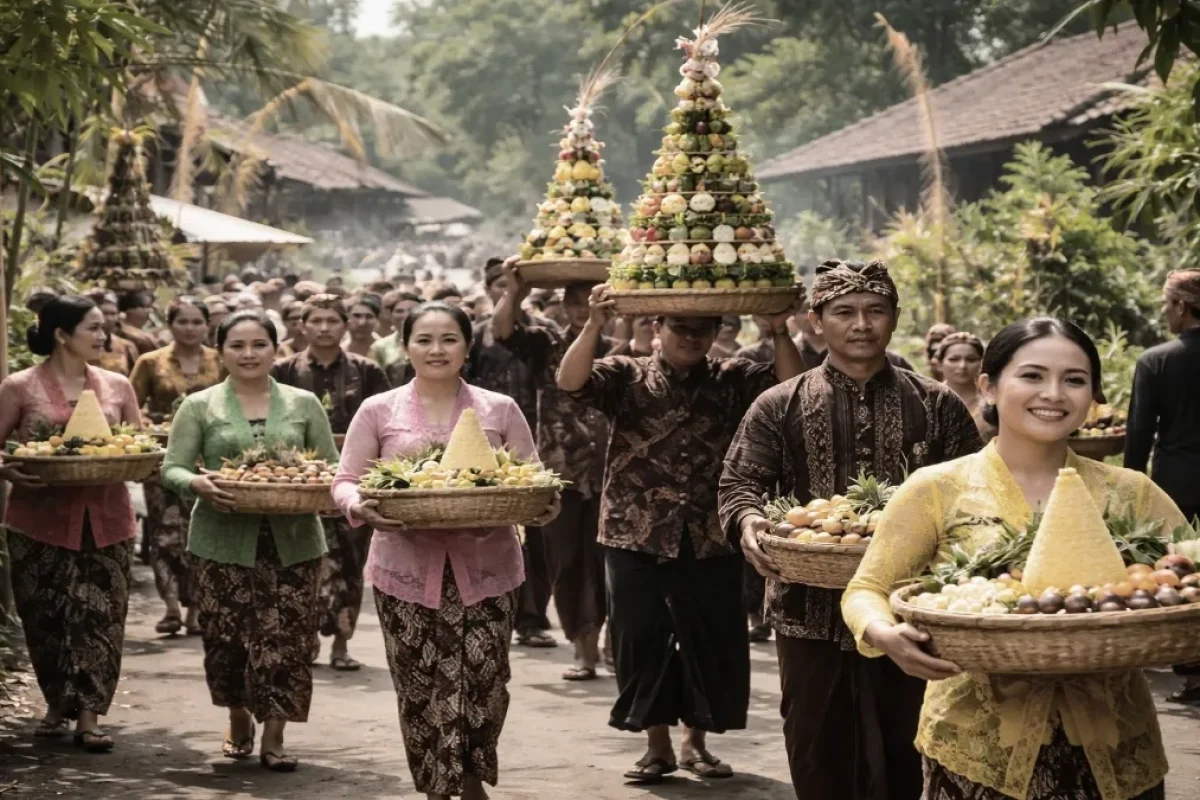 Ilustrasi tradisi Lawadan warga membawa jenang, nasi tumpeng, hasil bumi, dan bunga setaman sebagai simbol penghormatan dalam rangka upacara adat
