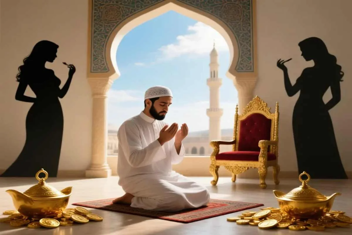 Laki-laki Muslim berdoa, dikelilingi godaan wanita, harta, tahta, dan hawa nafsu, dengan cahaya Allah menyinari Laki-laki Muslim berdoa, dikelilingi godaan wanita, harta, tahta, dan hawa nafsu, dengan cahaya Allah menyinari.