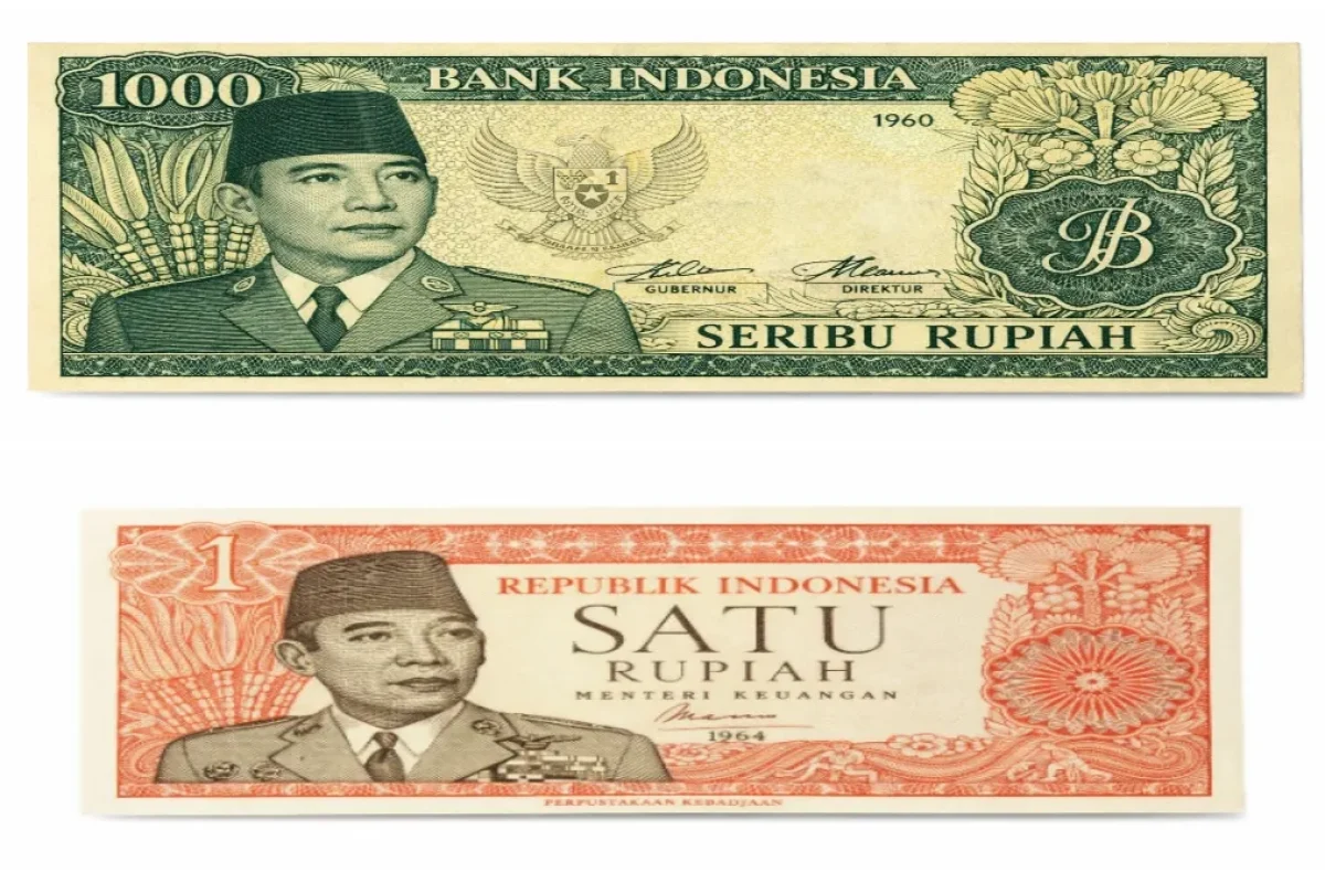Replika Uang kertas Indonesia emisi lama, Rp1.000 (1964) dan Rp1 (1960)