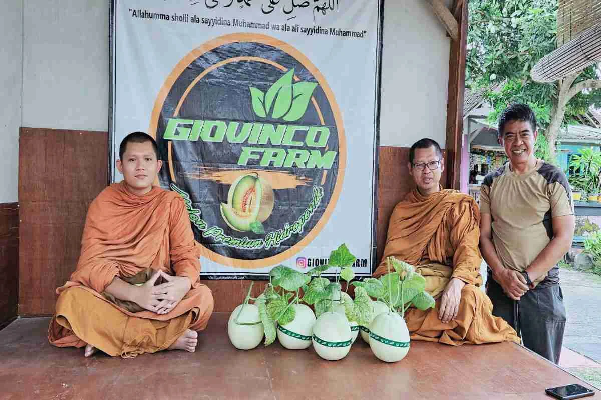 Sekretaris DPC PDI Perjuangan Kota Blitar, Bayu Setyo Kuncoro, menerima kunjungan sejumlah biksu di kebun hidroponik Giovinco Farm miliknya di Kelurahan Gedog, Kecamatan Sananwetan, Kota Blitar.
