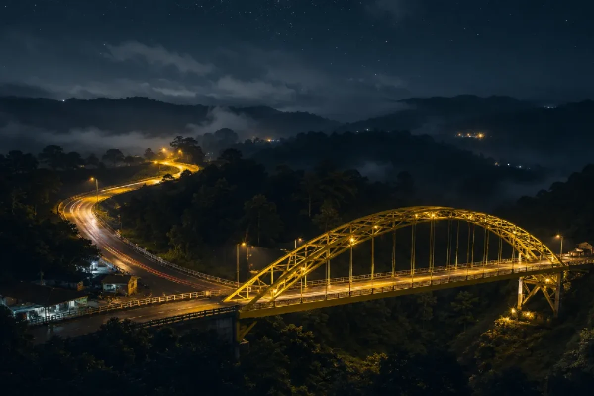 Suasana Kamojang Hill Bridge yang dikenal warga sebagai Jembatan Kuning, jalur pegunungan yang menyimpan cerita mistis dan kecelakaan berulang