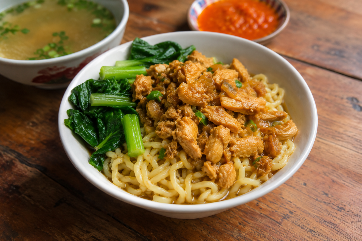 Ilustrasi mie ayam sederhana dengan topping ayam berbumbu dan sayuran hijau. Ilustrasi mie ayam sederhana dengan topping ayam berbumbu dan sayuran hijau.