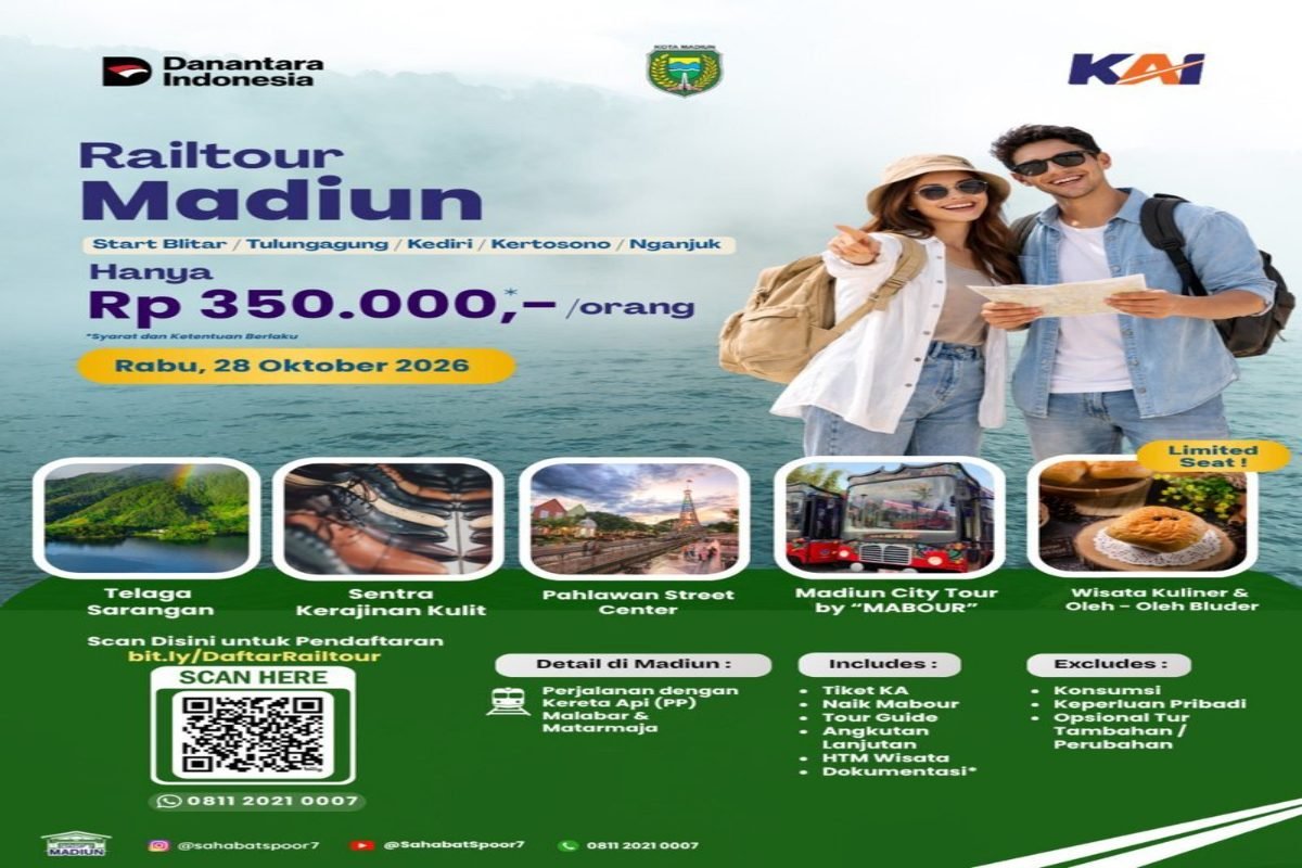 railtour_madiun_web_800px (1) KAI Daop 7 Madiun membuka Open Trip Rail Tour Madiun pada 28 Oktober 2026 dengan tarif Rp350.000 per orang, mencakup tiket kereta api PP, pemandu wisata, transportasi lanjutan, dan tiket masuk objek wisata.